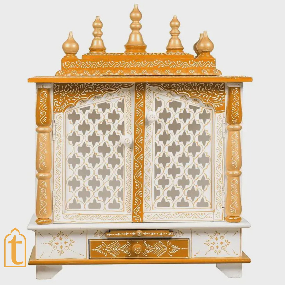 Handcrafted Wooden Hindu Temple Mandir: White & Gold Pooja Ghar