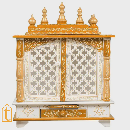 Handcrafted Wooden Hindu Temple Mandir: White & Gold Pooja Ghar