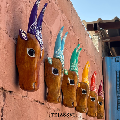 SET of 6 Wooden Painted Cow Head 16 Inches | Bull | Nandi Head Mask Wall Décor. Wooden Wall Hanging. Ethnic Indian Art.