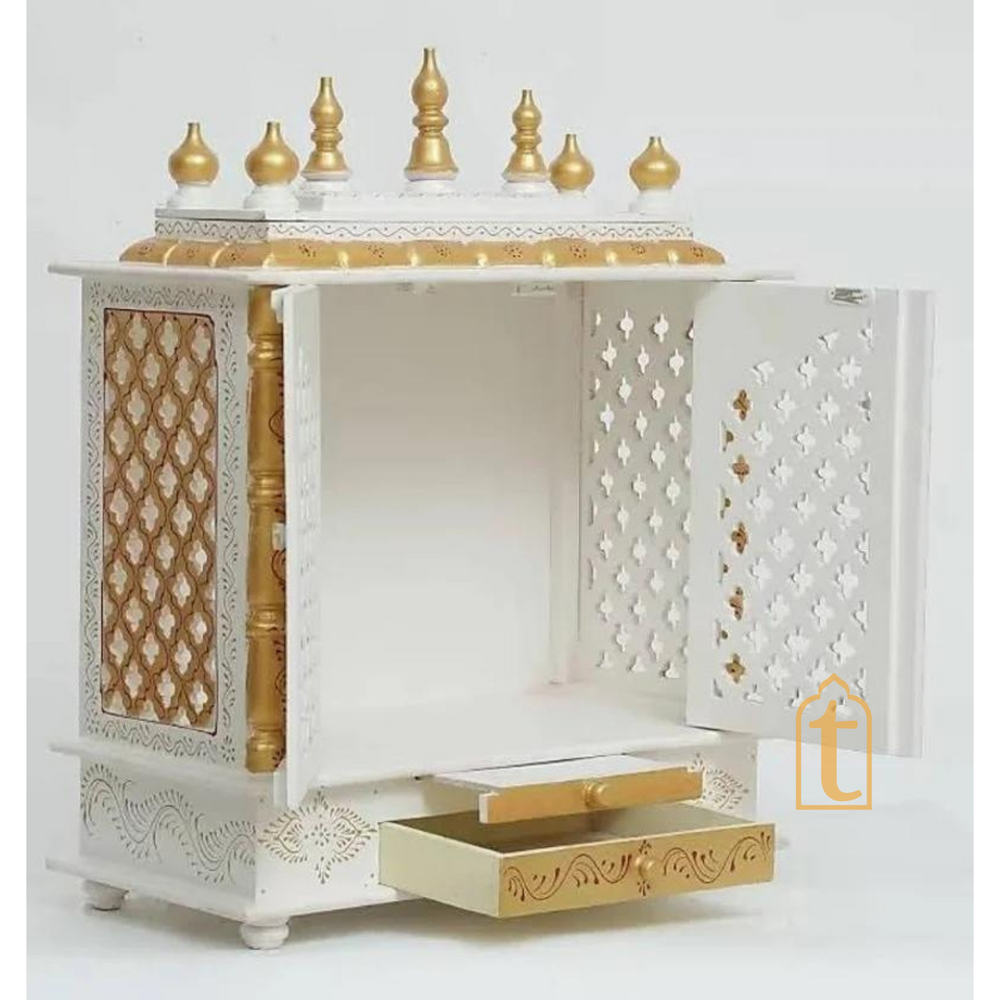 Brown Wooden Temple with Door | Handmade Wall Mounted Pooja Mandir | Large Home Prayer Altar for Diwali