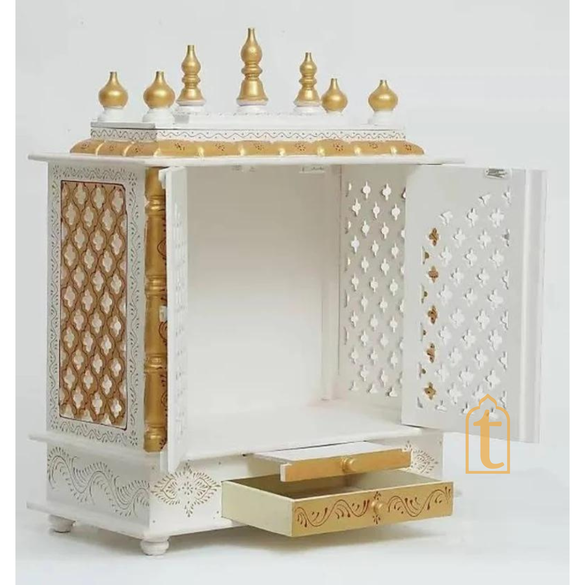 Brown Wooden Temple with Door | Handmade Wall Mounted Pooja Mandir | Large Home Prayer Altar for Diwali