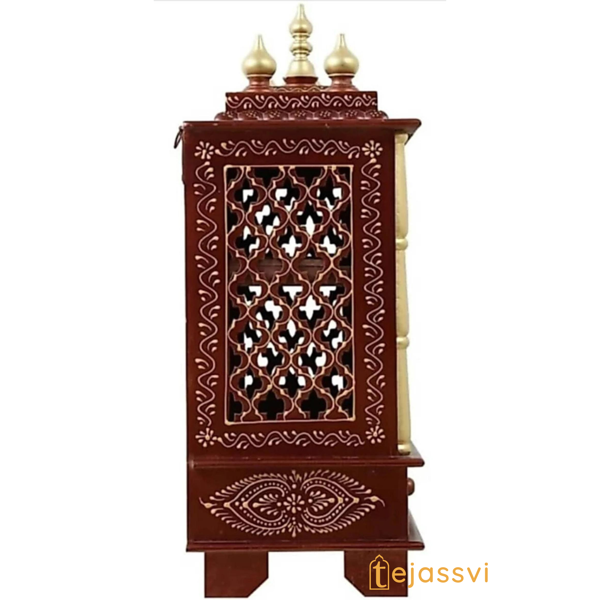 Large Wooden Temple for Home with Doors | Wall Mounted Pooja Mandir | Handmade Brown Prayer Altar for Diwali