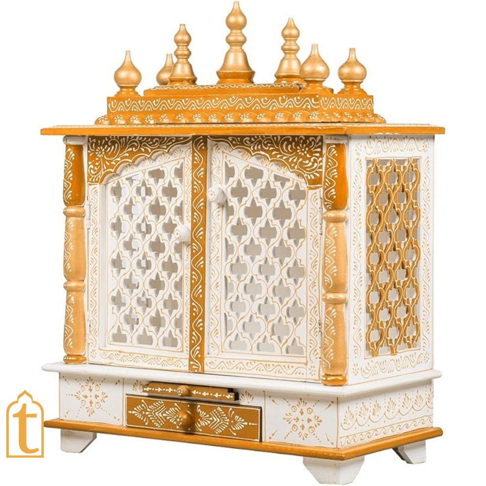 Handcrafted Wooden Temple Mandir White and Blue Finish Wall Mounted Pooja Ghar