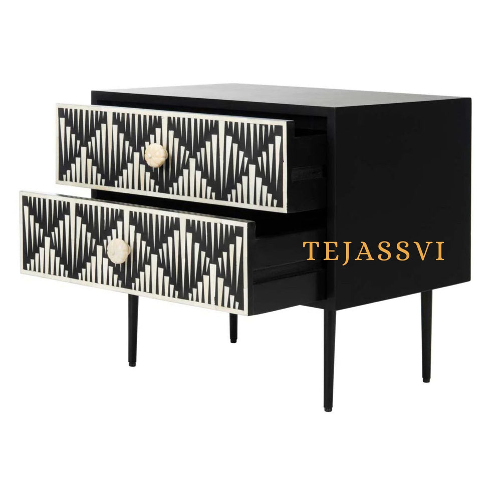 Handmade Bone Inlay Bedside Table For Black Color, Bone Inlay Table ,  Strip Design Bedside Table, Bone Inlay Cocktail Table