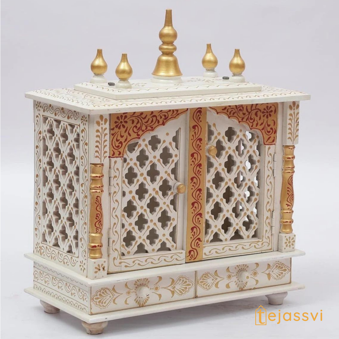 Handmade Wooden Mandir for Home | Wall Hanging Temple with Door | Large Brown Prayer Altar & Pooja Ghar