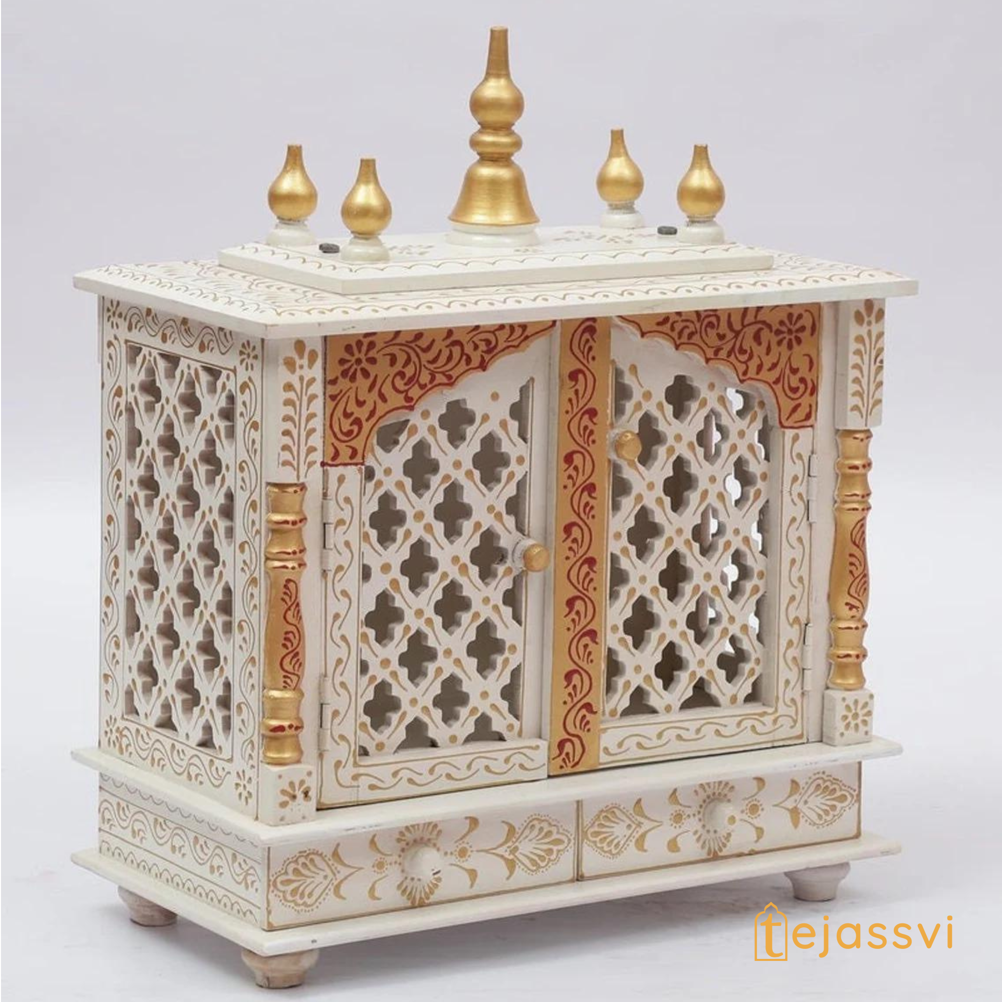 Handmade Wooden Mandir for Home | Wall Hanging Temple with Door | Large Brown Prayer Altar & Pooja Ghar
