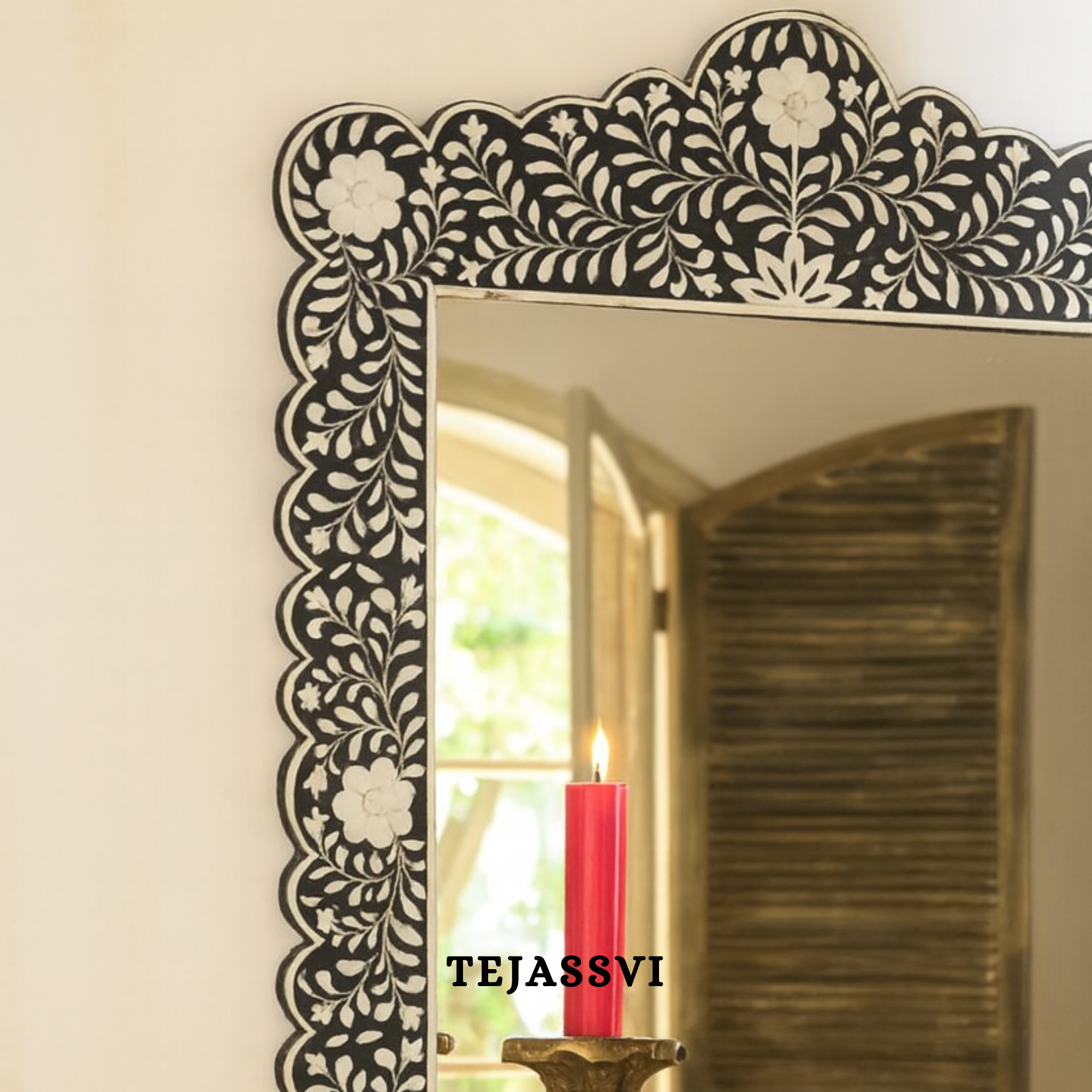 Bone Inlay Large Mirror Black Resin Wall Décor Mirror