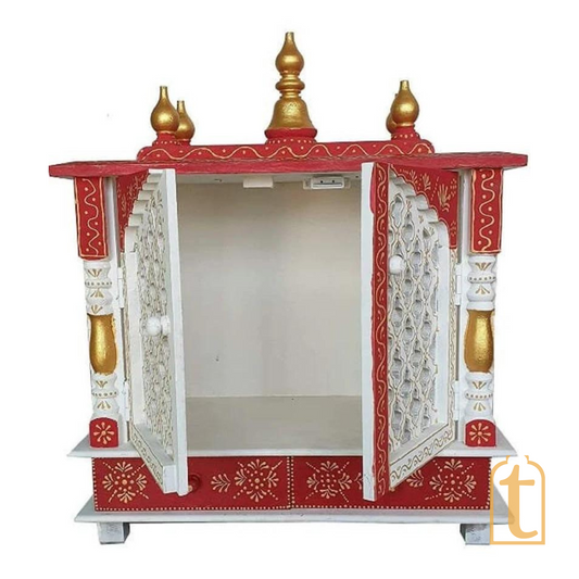Large Handmade Wooden Pooja Temple | Brown Wall Hanging Mandir with Door | Home Prayer Room Decor
