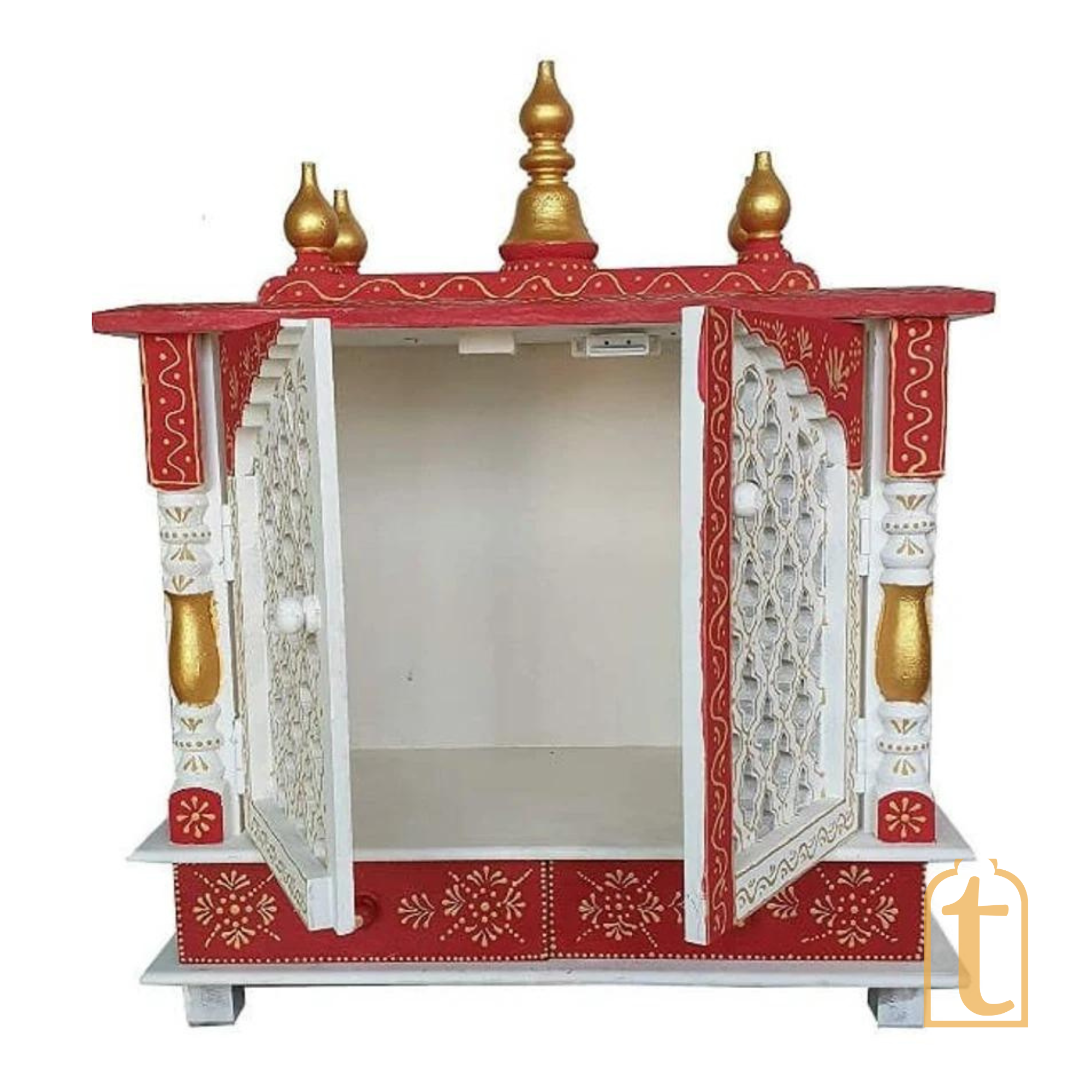 Large Handmade Wooden Pooja Temple | Brown Wall Hanging Mandir with Door | Home Prayer Room Decor