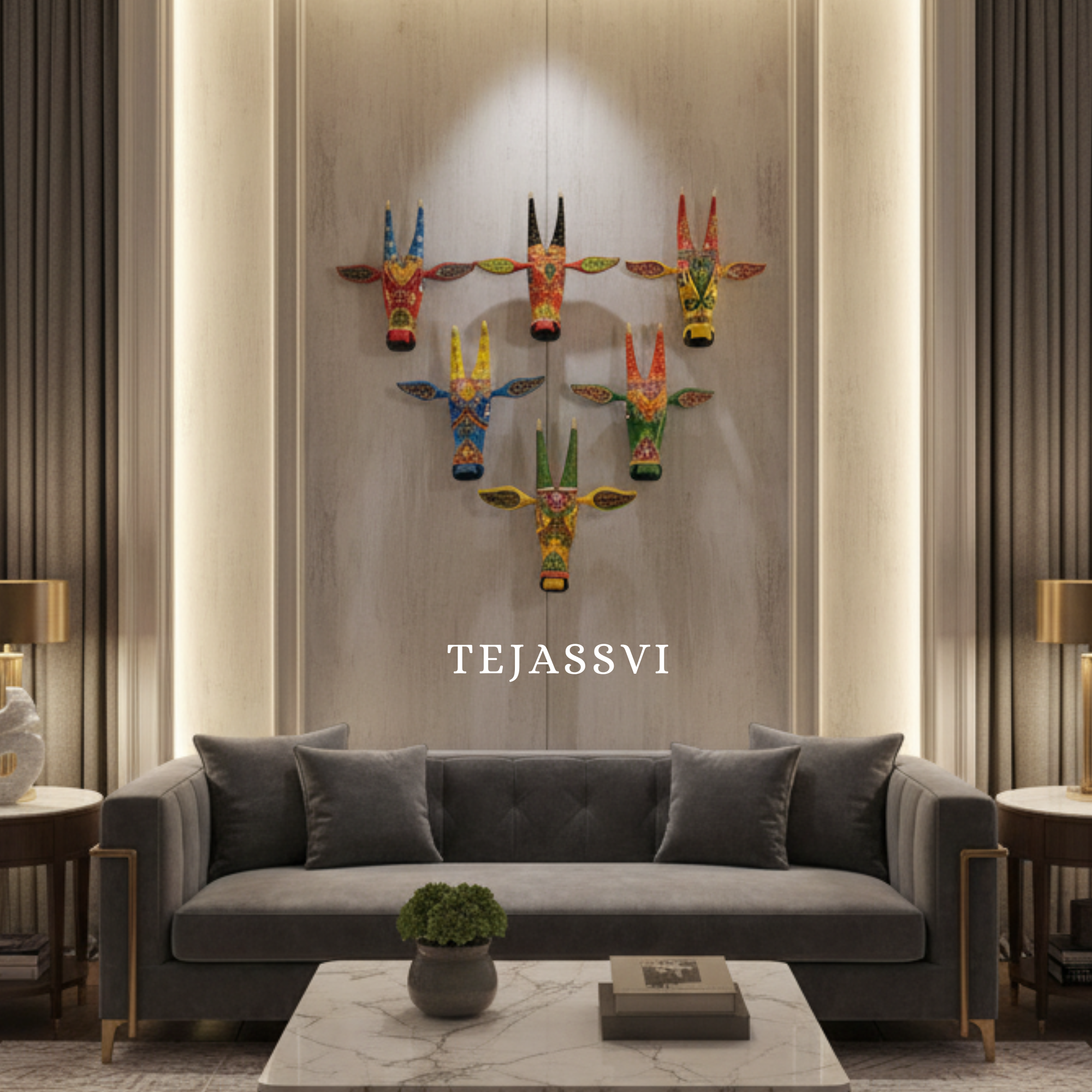 SET of 6 Wooden Painted Cow Head 15 Inches | Bull | Nandi Head Mask Wall Décor. Wooden Wall Hanging. Ethnic Indian Art.