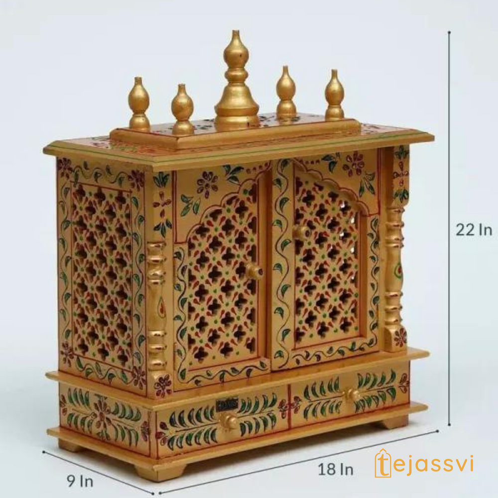 Wooden Prayer Room Altar | Large Wall Mounted Temple with Doors | Handmade Brown Pooja Mandir for Home