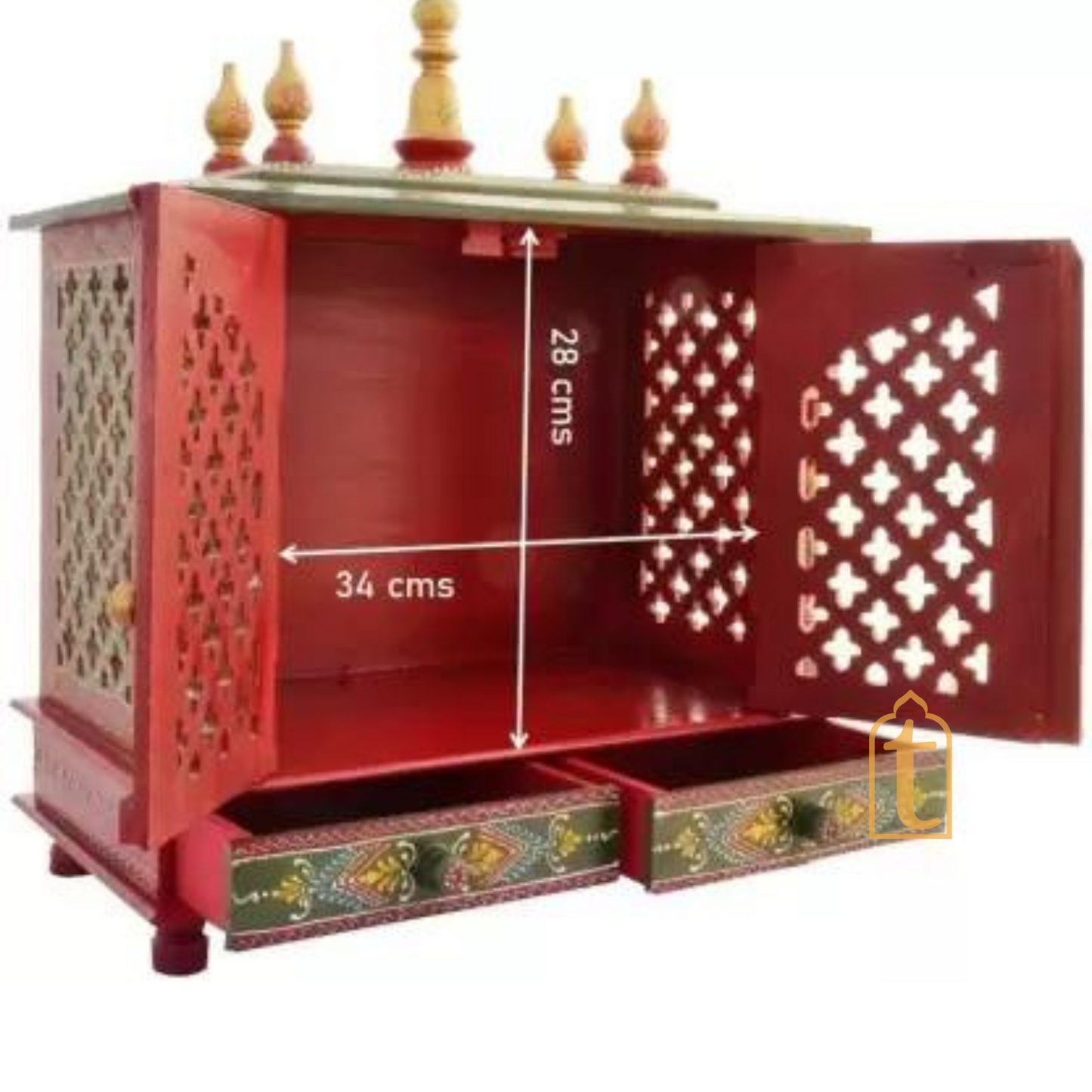 Wall Mount Wooden Pooja Temple | Large Handmade Prayer Mandir with Door | Brown Home Worship Unit