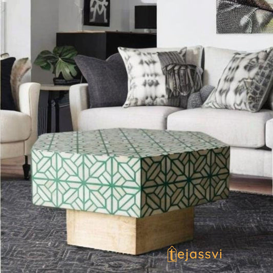 Handmade Hexagonal Bone Inlay Coffee Table/Geometric Center Table/Wooden Bone Inlay Table/Centre Table/Wooden Coffee Table/Inlay CoffeeTable
