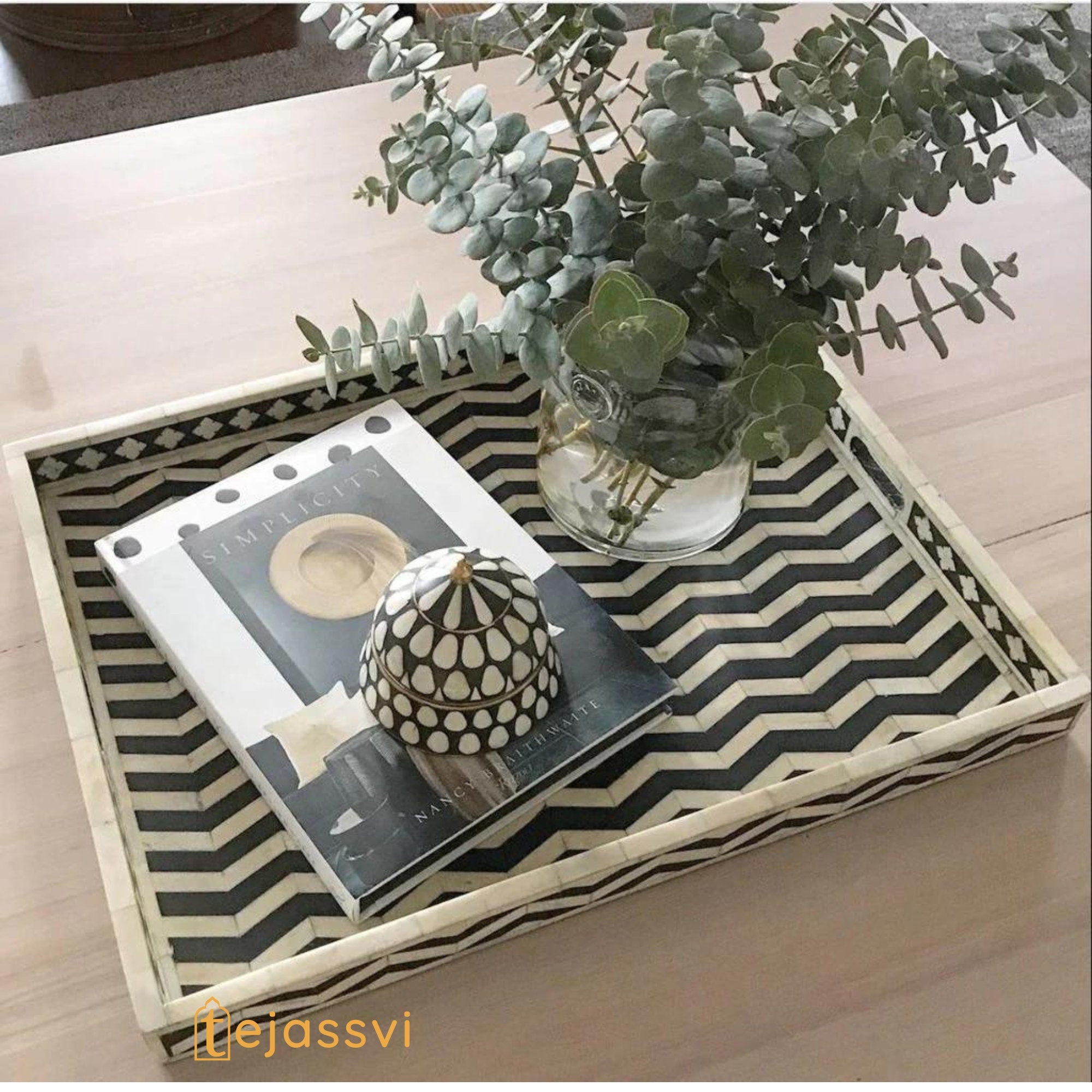 Black Rectangle Chevron Pattern Bone Inlay Tray | Black Bone Inlaid Rectangular Serving Tray