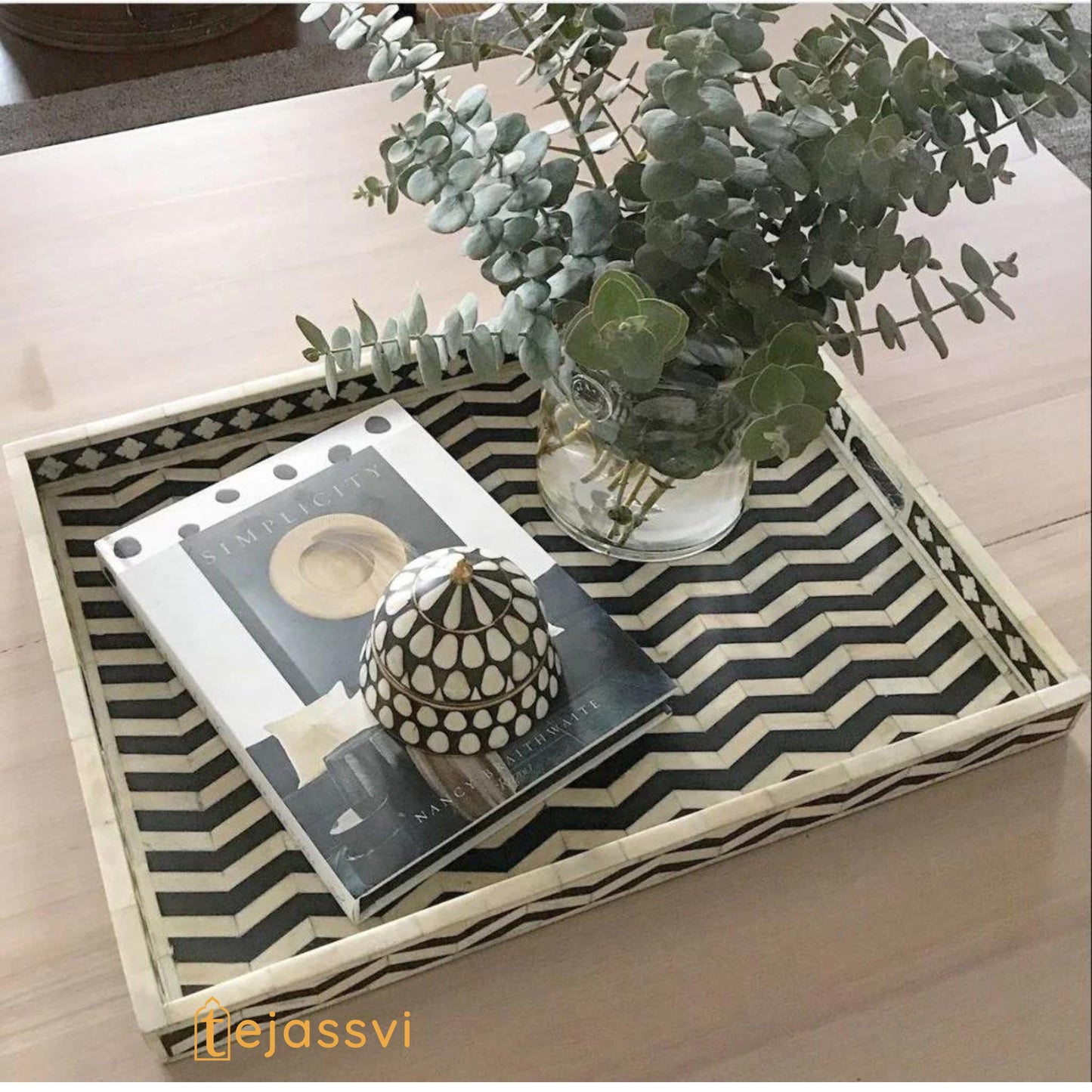 Black Rectangle Chevron Pattern Bone Inlay Tray | Black Bone Inlaid Rectangular Serving Tray