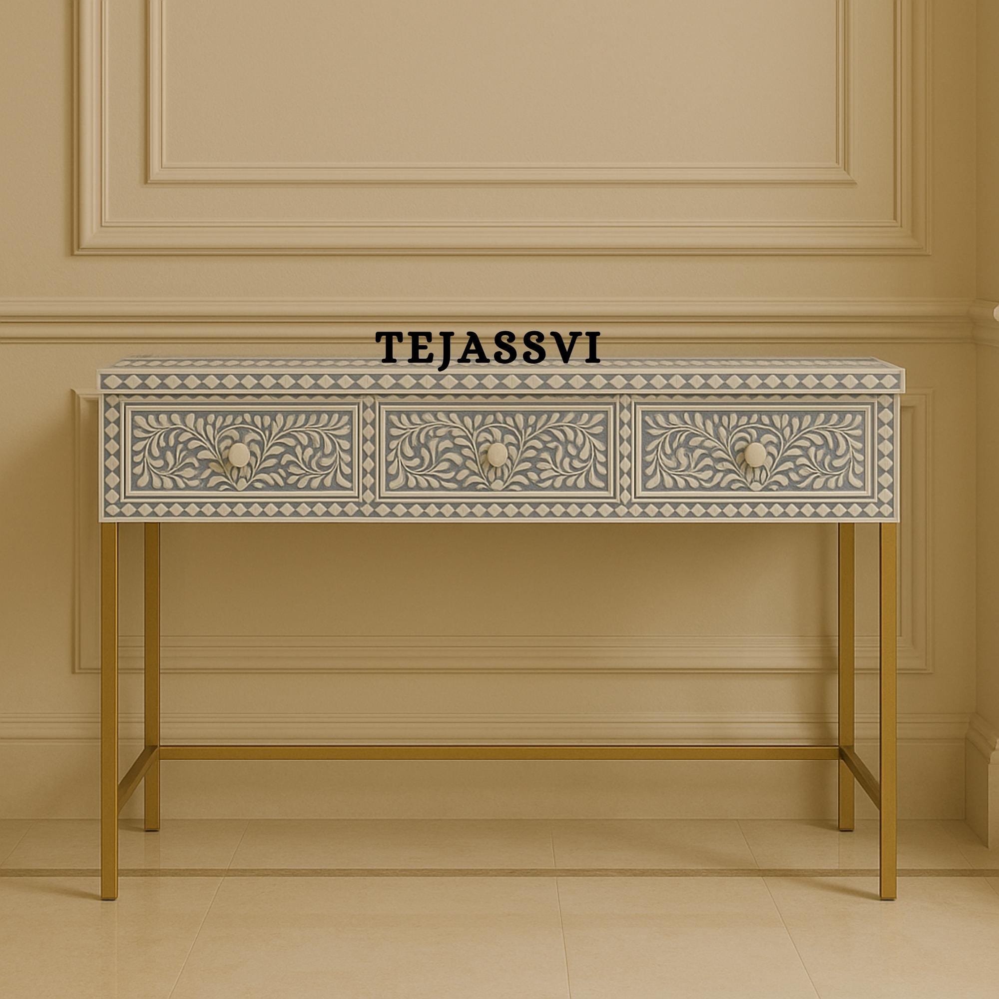Handmade Bone Inlay Console Table | Hall-Way Entry Table | Study Table | Bone Inlay Desk |  Wooden Bone Inlay Floral Laptop table / Inlay Side Table.