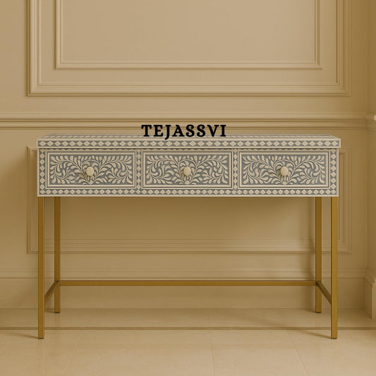 Handmade Bone Inlay Console Table | Hall-Way Entry Table | Study Table | White |  Wooden bone inlay floral Laptop table,  Inlay white Table.