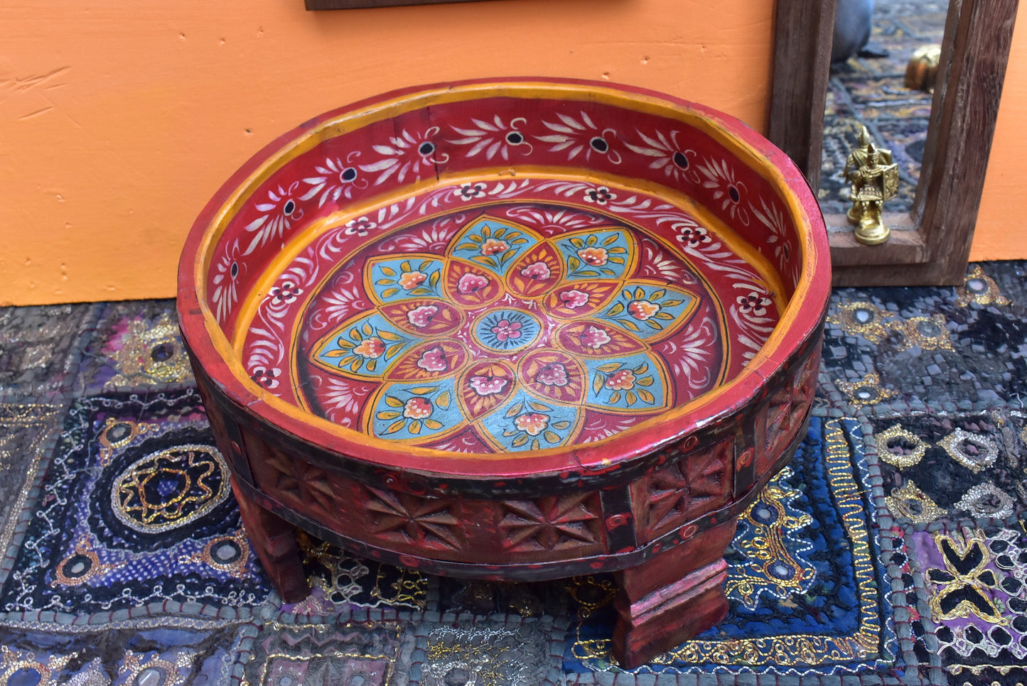 Wood Flower Hand painted Round Chakki Table ,Coffee table, Wood Side Grinder Table ,Indian Central Table Home art Furniture Decor table.