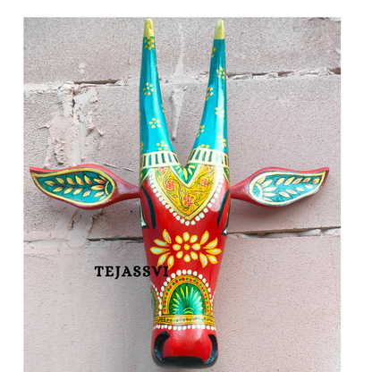 Wooden Painted Cow Head | Bull | Nandi Head Mask Wall Décor. Wooden Wall Hanging. Ethnic Indian Art.