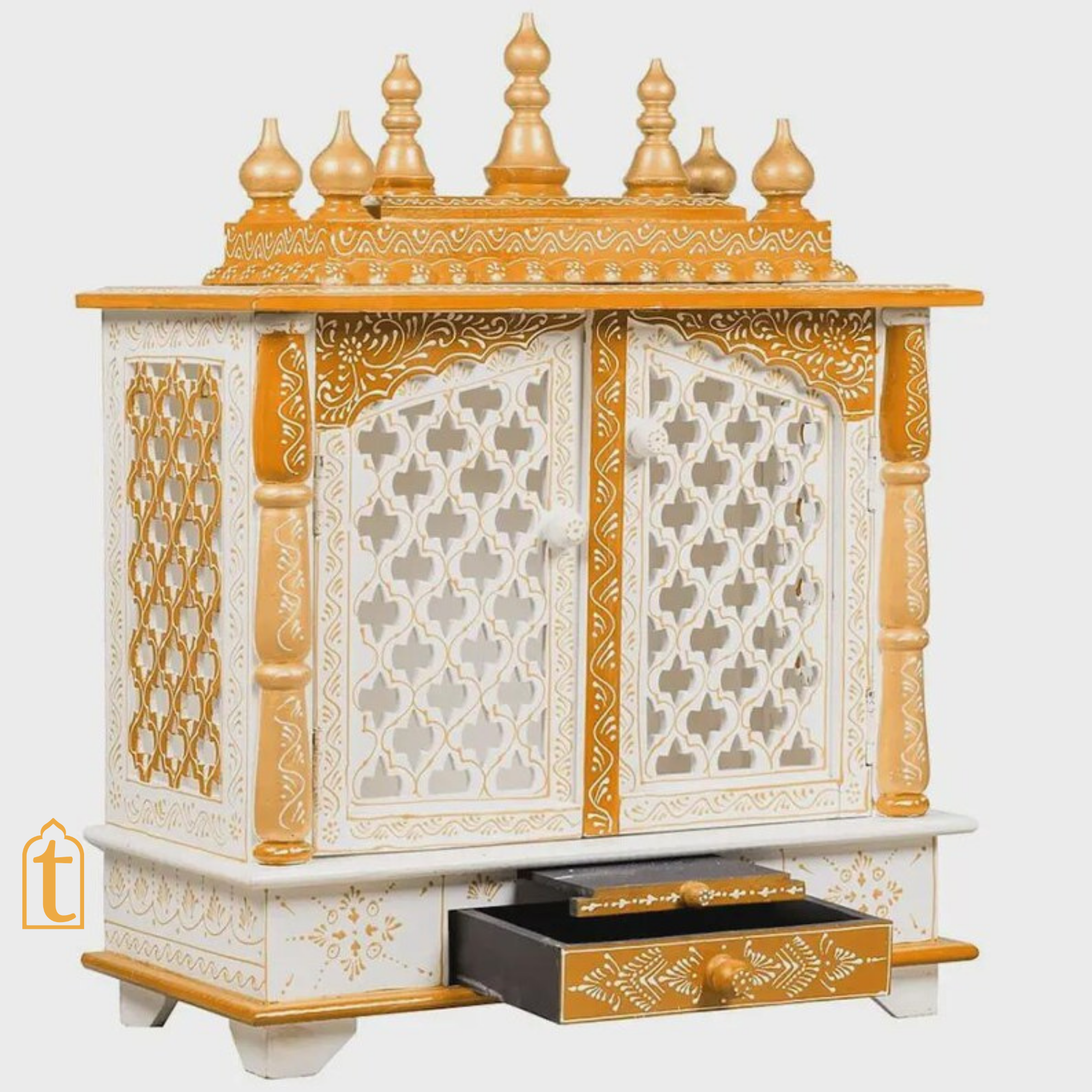 Handcrafted Wooden Hindu Temple Mandir: White & Gold Pooja Ghar