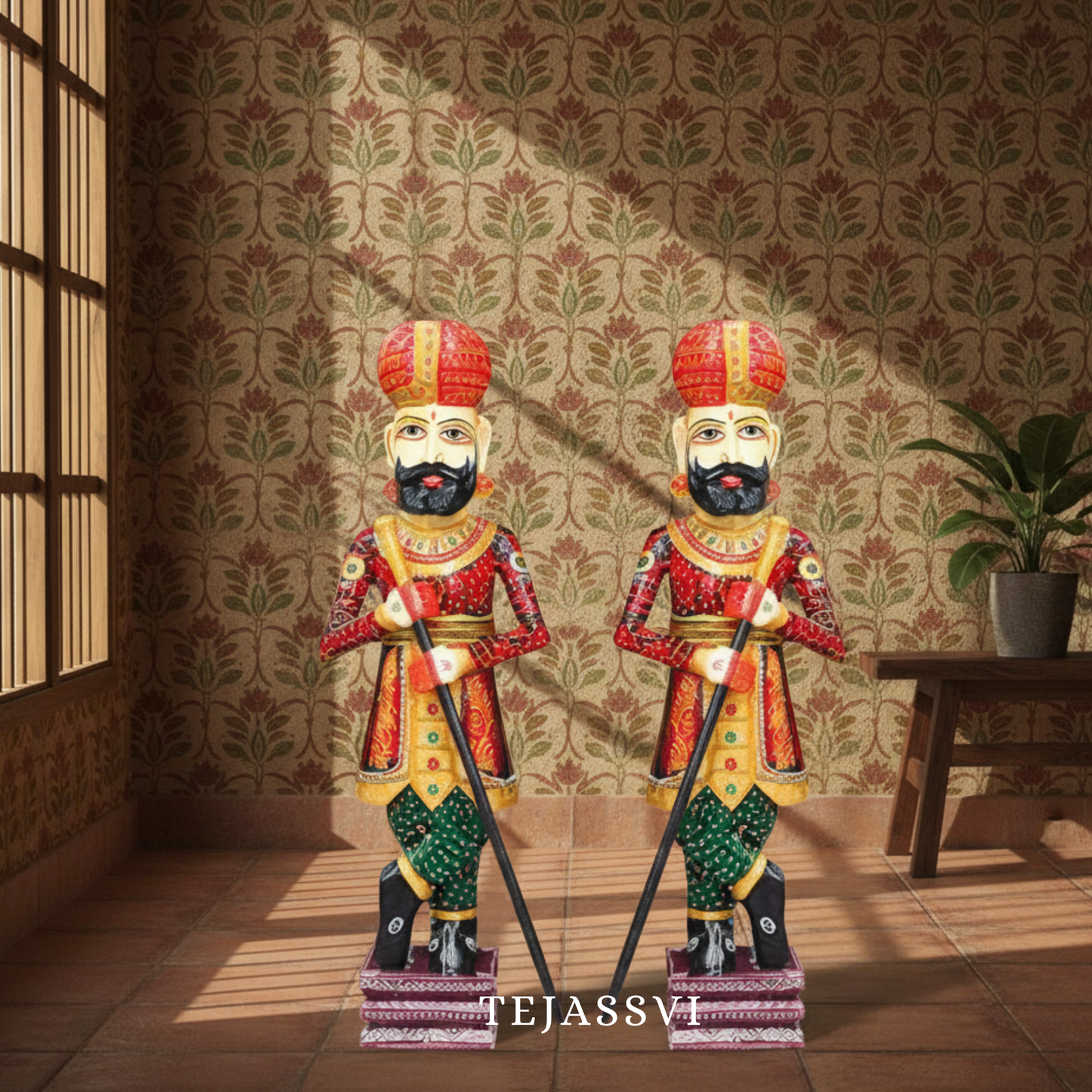 Wooden Hand-Painted Chowkidar Set of 2 / Hand-Painted Rajasthani Wooden Statues /Decorative Painting Chowkidar / Home and Hotel door Chowkidar / Decorative Chowkidar.