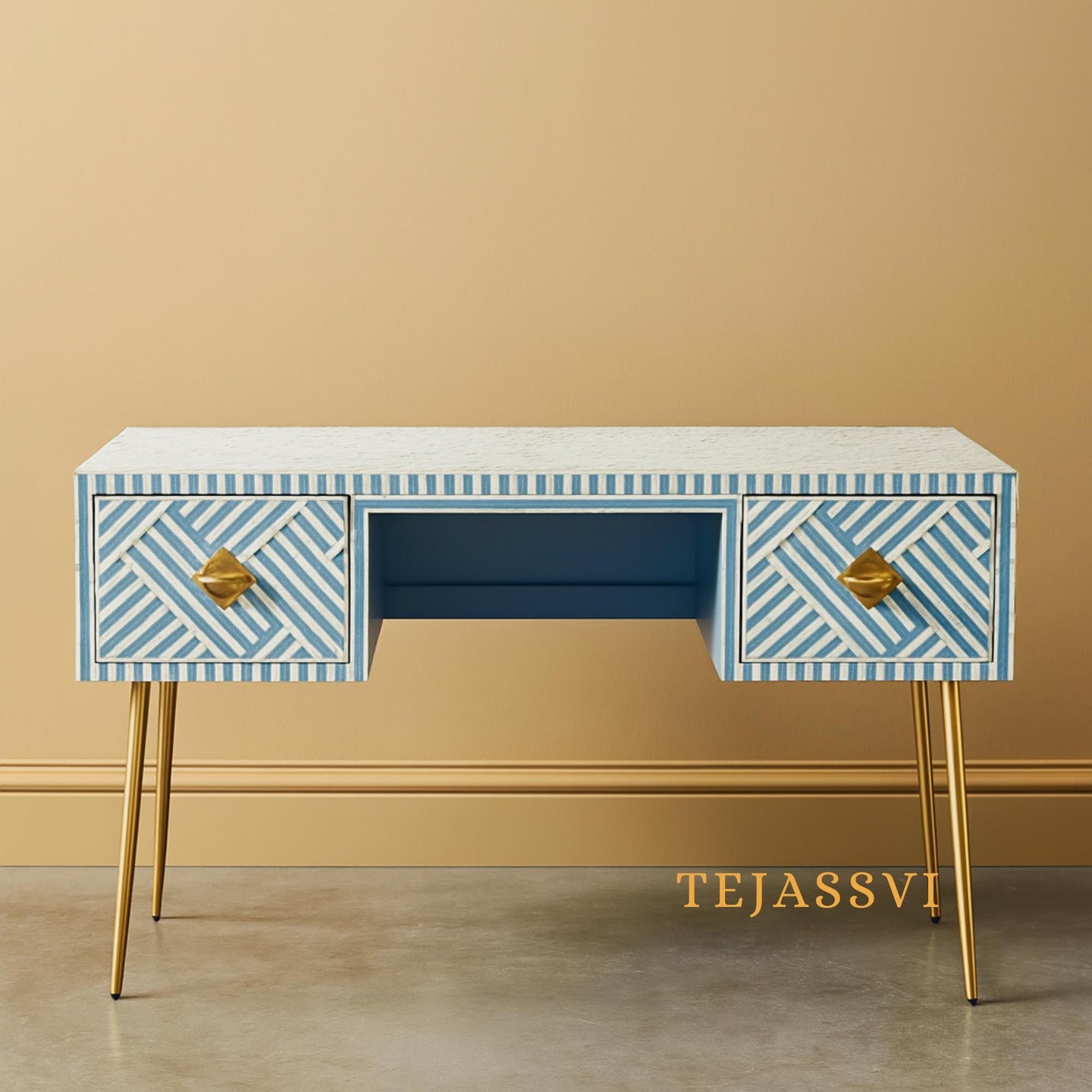 Bone inlay Work Desk | laptop table | console table, Bone Inlay Optical Design 2 Drawers Desk Sky Blue,  Optical Design Study wooden Table.