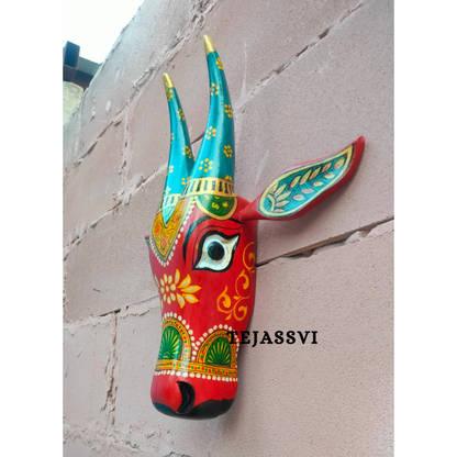 Wooden Painted Cow Head | Bull | Nandi Head Mask Wall Décor. Wooden Wall Hanging. Ethnic Indian Art.