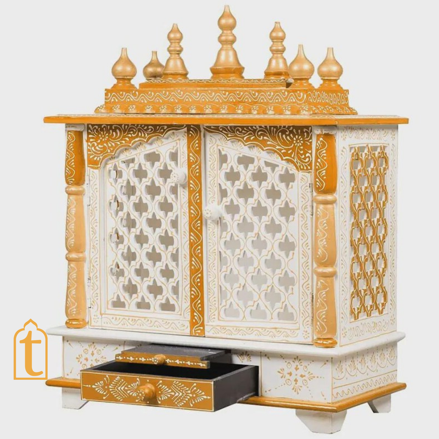 Handcrafted Wooden Hindu Temple Mandir: White & Gold Pooja Ghar