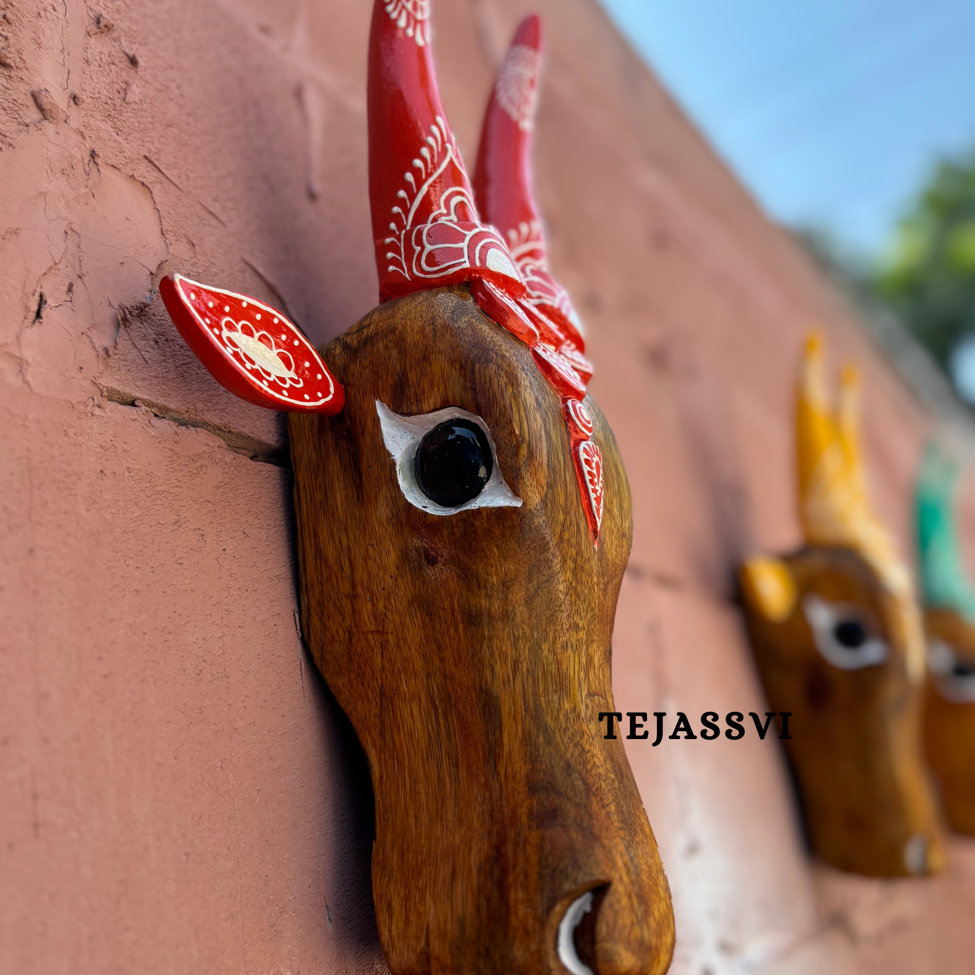 SET of 6 Wooden Painted Cow Head | Bull | Nandi Head Mask Wall Décor. Wooden Wall Hanging. Ethnic Indian Art.