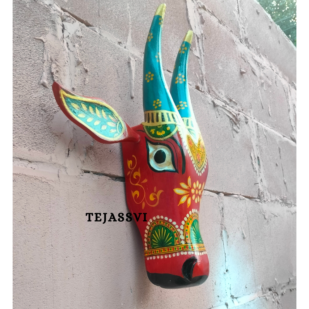 Wooden Painted Cow Head | Bull | Nandi Head Mask Wall Décor. Wooden Wall Hanging. Ethnic Indian Art.