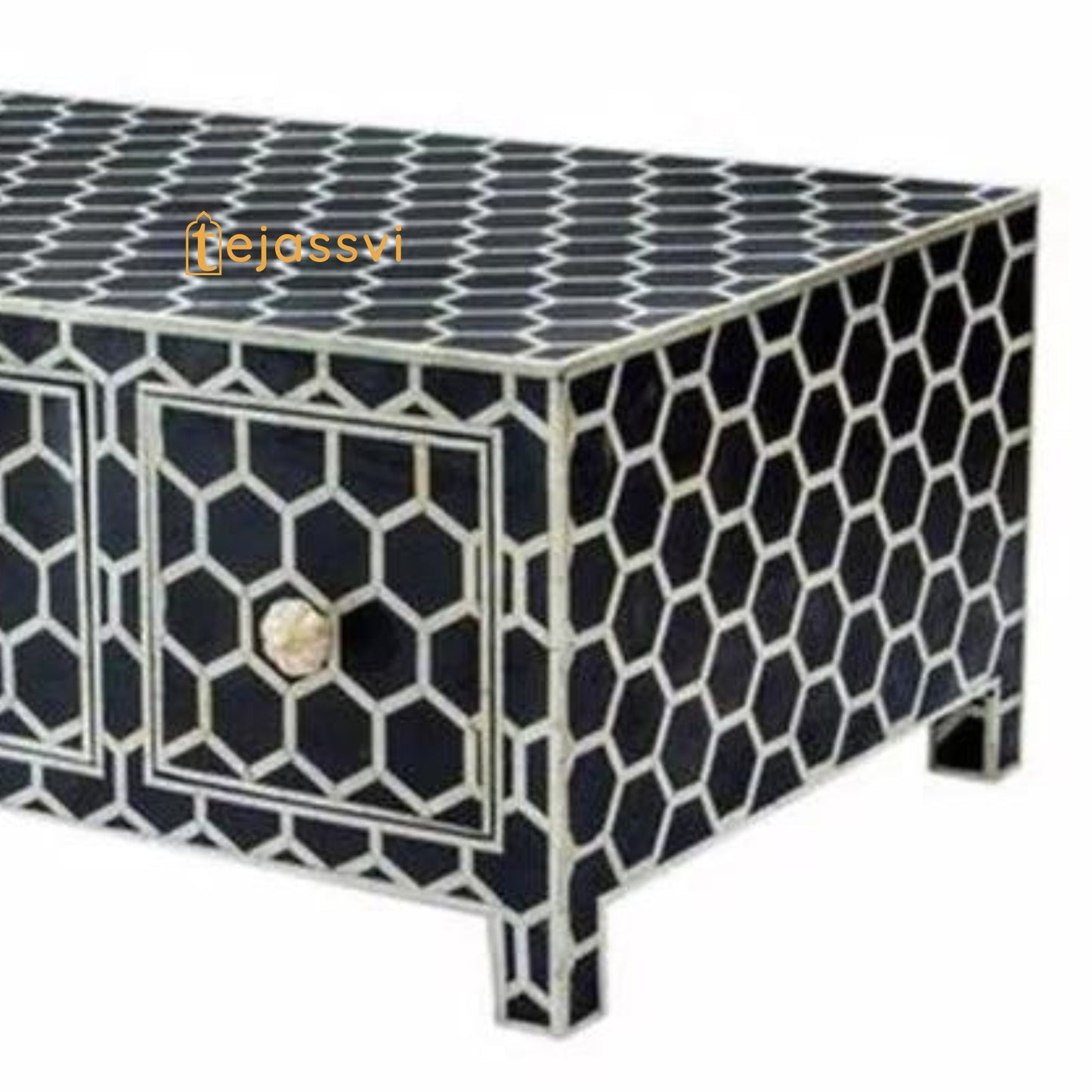 Handmade Bone inlay Coffee Table with Storage | Black Honeycomb Pattern Center table, Bone Inlay Furniture Cocktail Table, Luxury Furniture
