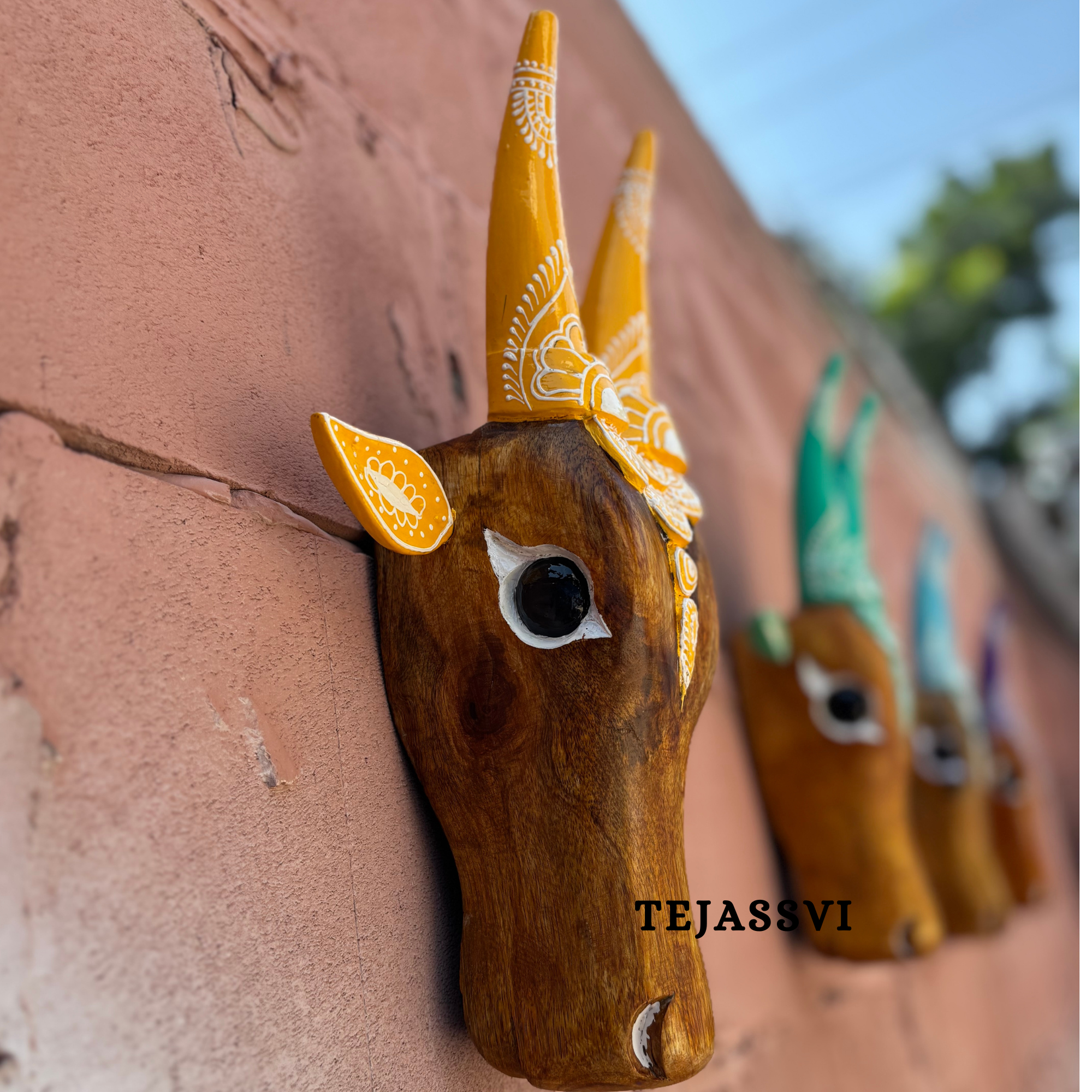 SET of 6 Wooden Painted Cow Head | Bull | Nandi Head Mask Wall Décor. Wooden Wall Hanging. Ethnic Indian Art.