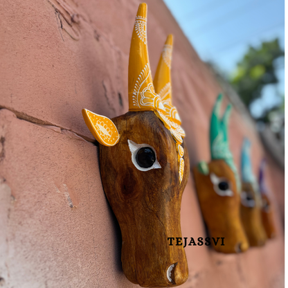 SET of 6 Wooden Painted Cow Head 16 Inches | Bull | Nandi Head Mask Wall Décor. Wooden Wall Hanging. Ethnic Indian Art.