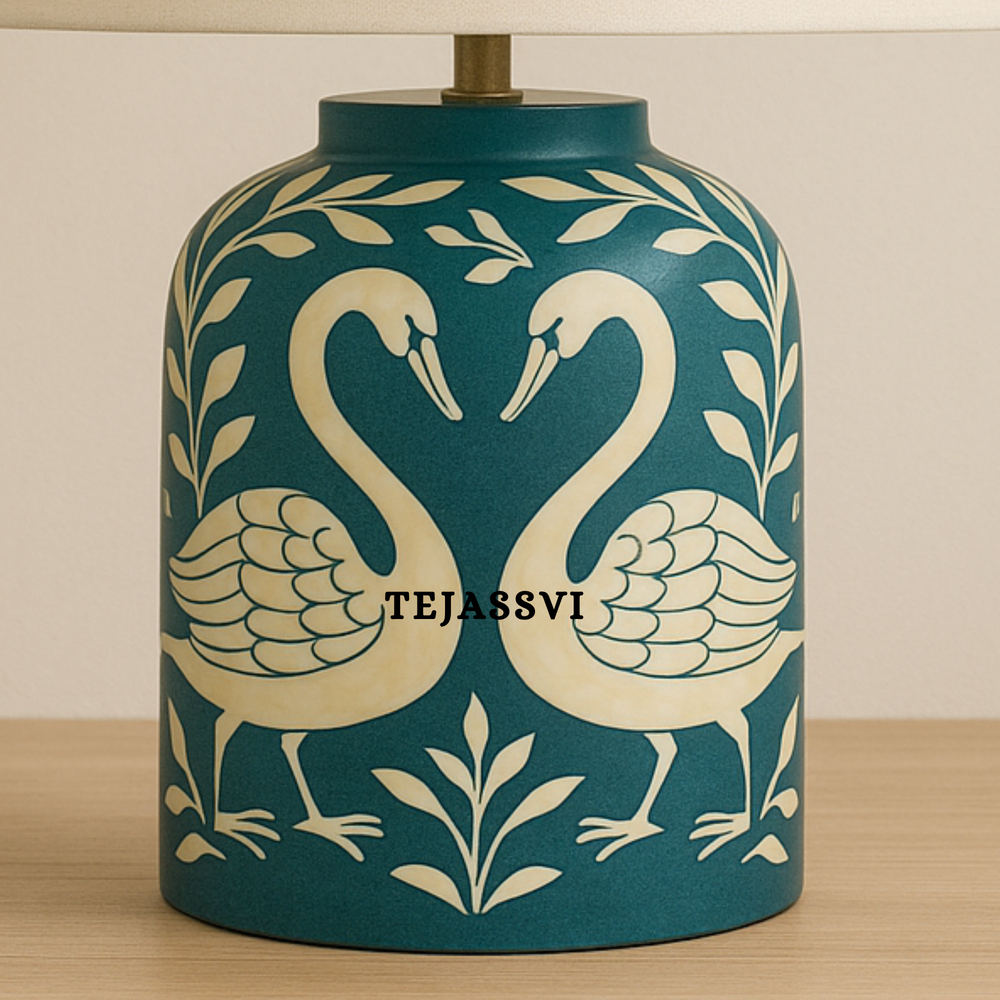 Wooden Bone Inlay Floral and swan Pattern Lamp for Bedroom / Bone Inlay Bed Room Lamp / Bedroom Décor Lamp / Handmade Inlay Table Lamp Home Decor Accent Light