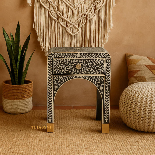 Bone Inlay Curved Bedside Floral Table, Buffet, Bone Inlay Bedside Wooden Modern Floral Bedside /Side table / 1 Drawer Bone Inlay Nightstand