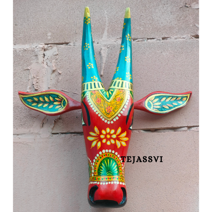 Wooden Painted Cow Head | Bull | Nandi Head Mask Wall Décor. Wooden Wall Hanging. Ethnic Indian Art.