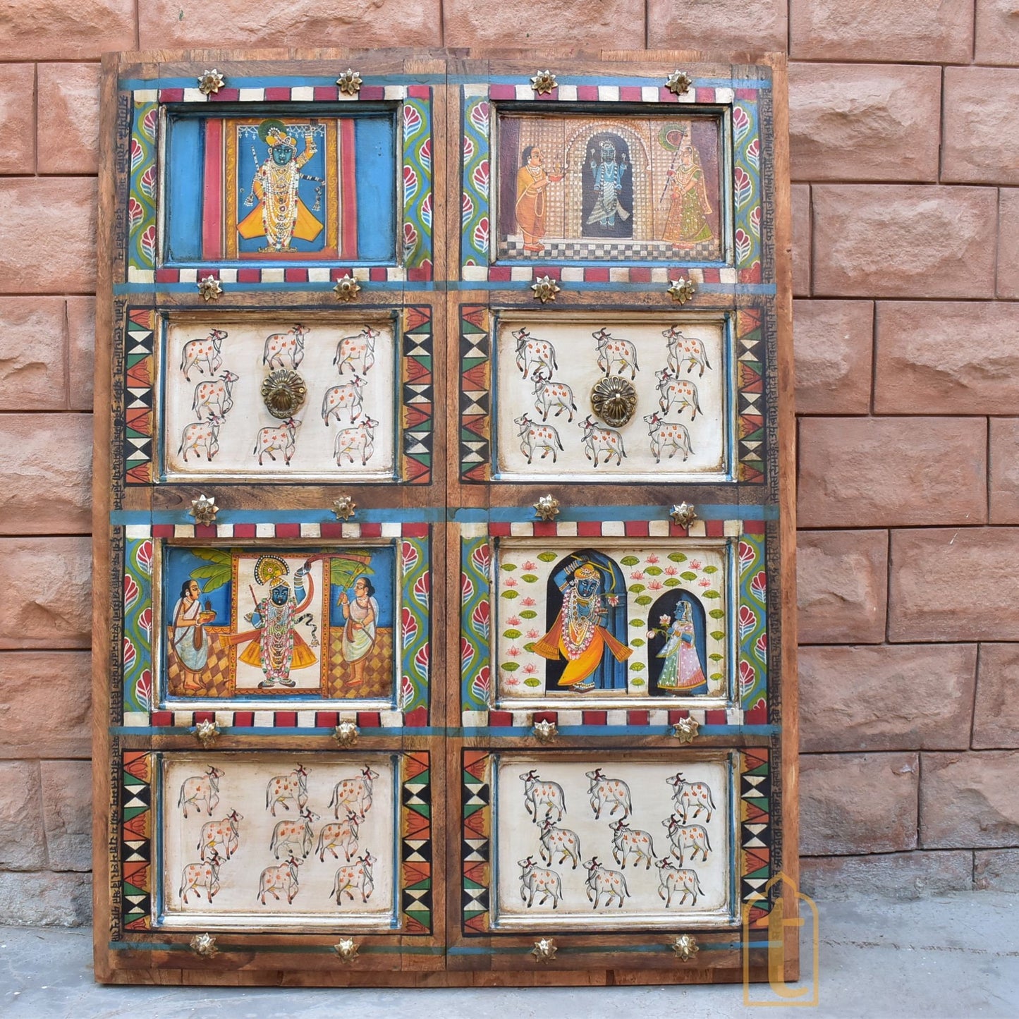 ANTIQUE Indian DOOR | Metal Fitted Hand painted SHRINATH Ji Wall Hanging Wall Panel Home Decor Doors Made From Reclaimed Wood.