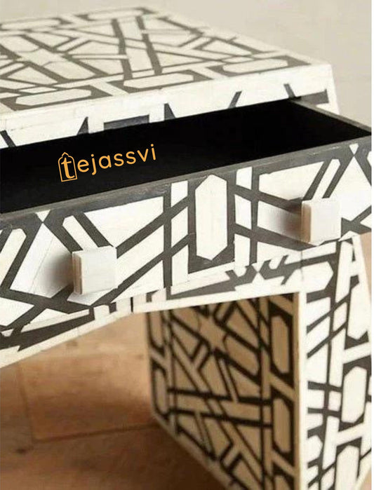 Bone Inlay Geometric Design 1 drawer Side Table/Handmade Bone Inlay Coffee table/MOP Black and White Bone Inlay Nightstand/Modern Furniture