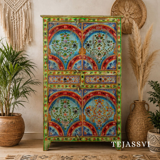 Wooden Hand Painted Sideboard / Wooden Floral Painted Sideboard / Vintage Home Décor Storage Cabinet / Living Room Furniture / Indian Ethnic Style Wardrobe.