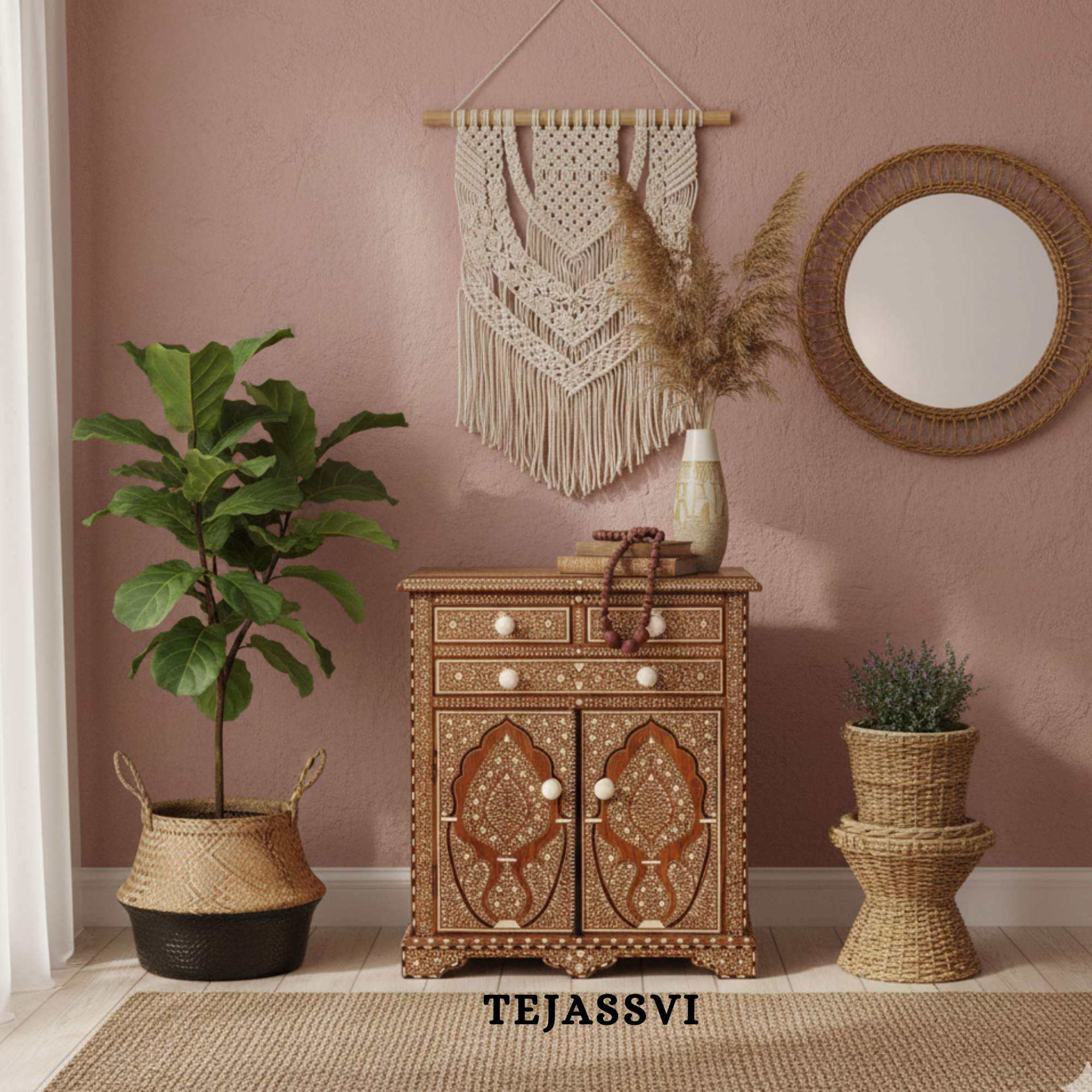 Handmade Wood Bone Inlay Modern Sideboards / Wood Bone Inlay Console | Wood Bone Inlay Cabinet With 4 Drawer & 2 Door Furniture  | Wooden Sideboards | Luxury Furniture.