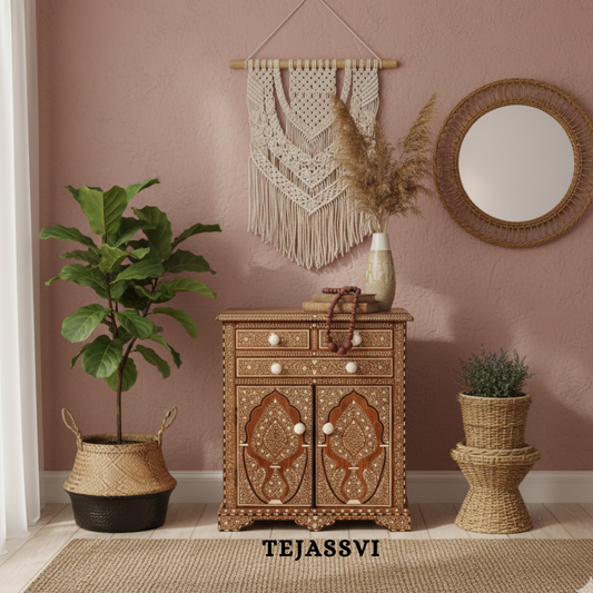 Handmade Wood Bone Inlay Modern Sideboards / Wood Bone Inlay Console | Wood Bone Inlay Cabinet With 4 Drawer & 2 Door Furniture  | Wooden Sideboards | Luxury Furniture.