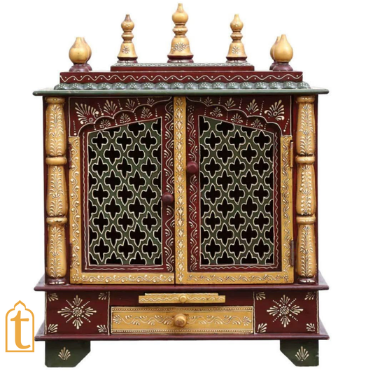 Handcrafted Wooden Wall Mounted Mandir: Home Pooja Ghar with Drawers