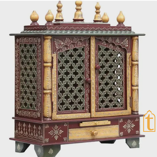 Handcrafted Wooden Wall Mounted Mandir: Home Pooja Ghar with Drawers