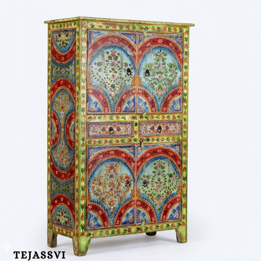 Wooden Hand Painted Sideboard / Wooden Floral Painted Sideboard / Vintage Home Décor Storage Cabinet / Living Room Furniture / Indian Ethnic Style Wardrobe.