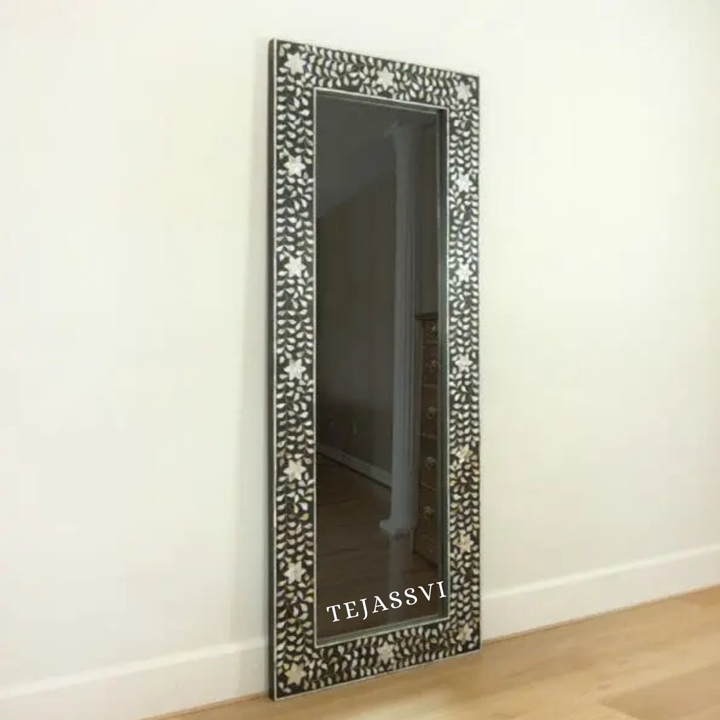 MOP Inlay Large Mirror Black Resin Wall Hanging Décor Mirror for Home