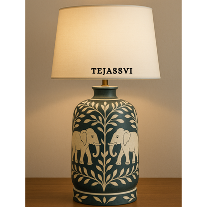 Wooden Bone Inlay Floral and Elephant Pattern Lamp for Bedroom / Bone Inlay Bed Room Lamp / Bedroom Décor Lamp / Handmade Inlay Table Lamp Home Decor Accent Light