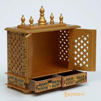 Wooden Prayer Room Altar | Large Wall Mounted Temple with Doors | Handmade Brown Pooja Mandir for Home