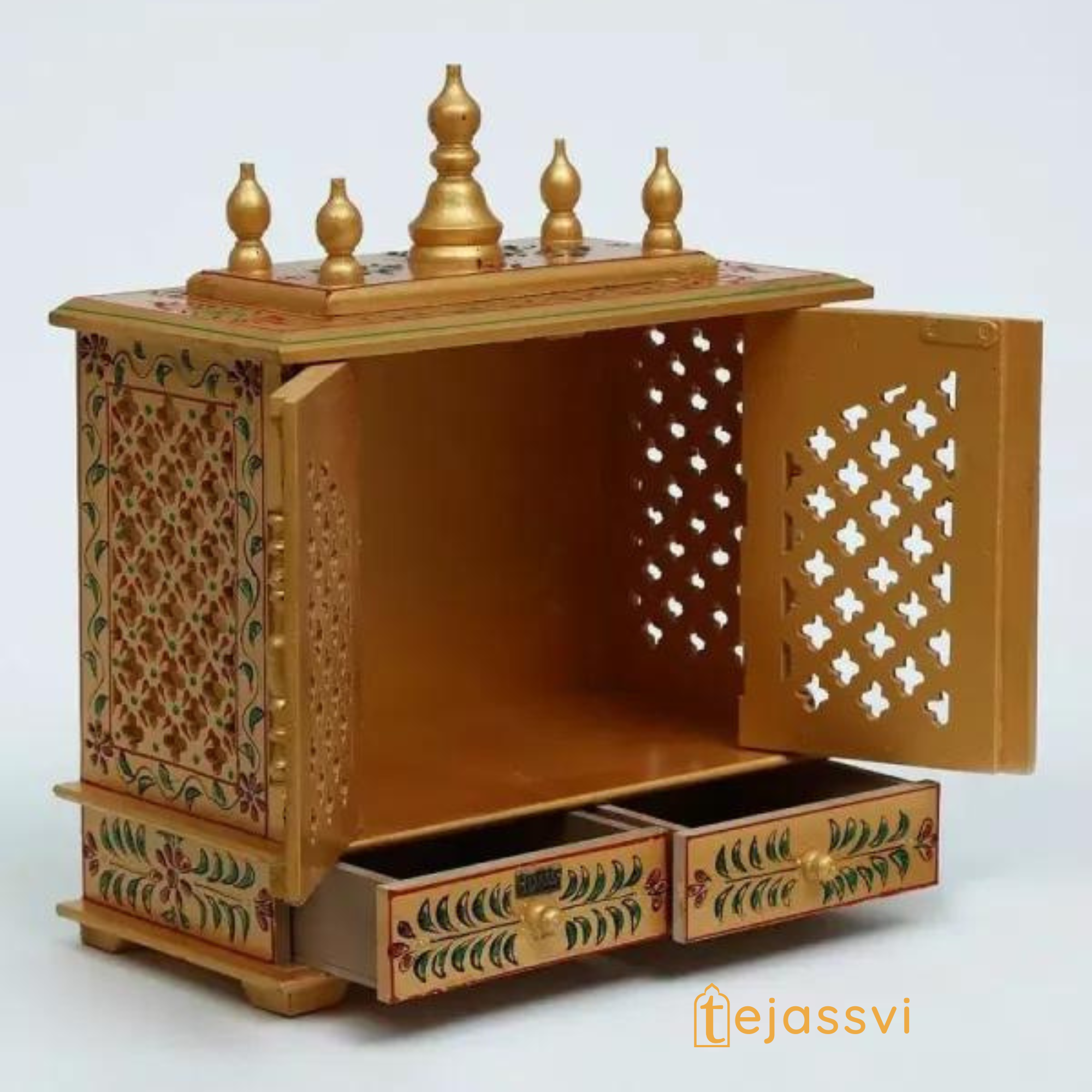 Wooden Prayer Room Altar | Large Wall Mounted Temple with Doors | Handmade Brown Pooja Mandir for Home