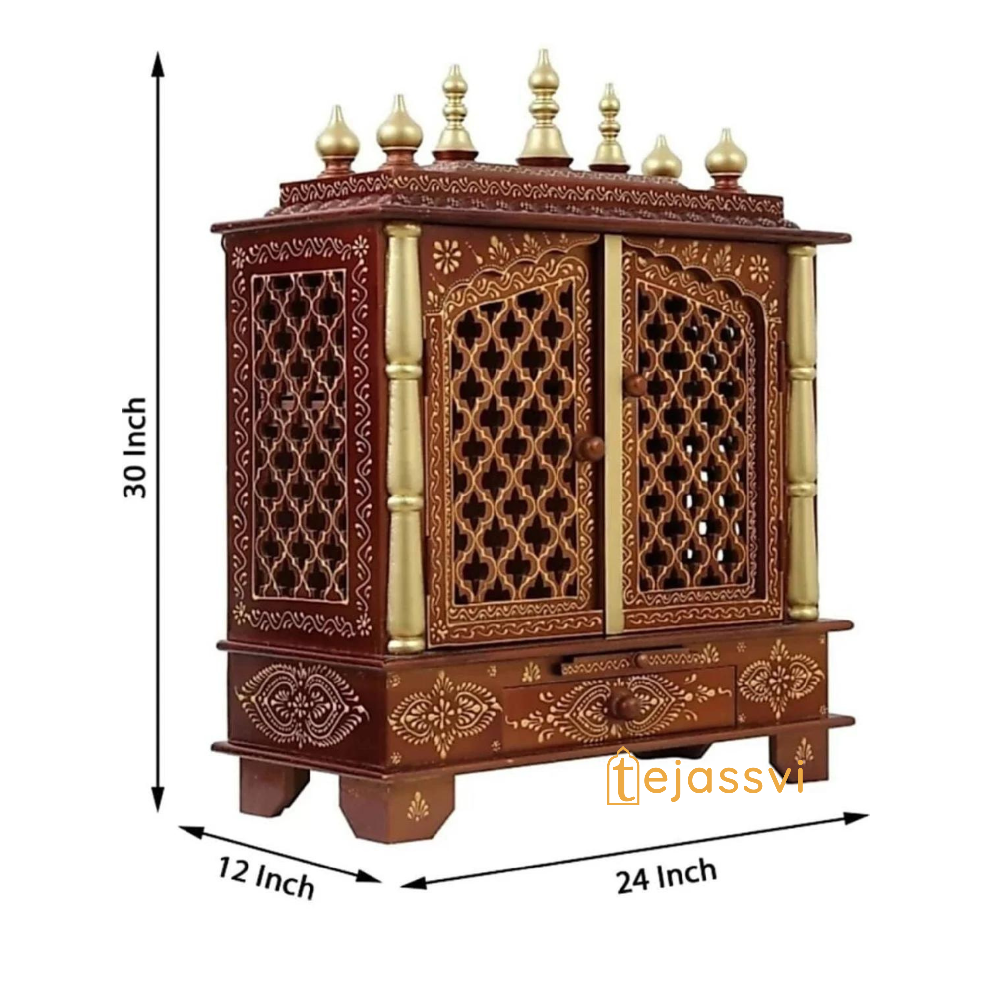 Large Wooden Temple for Home with Doors | Wall Mounted Pooja Mandir | Handmade Brown Prayer Altar for Diwali