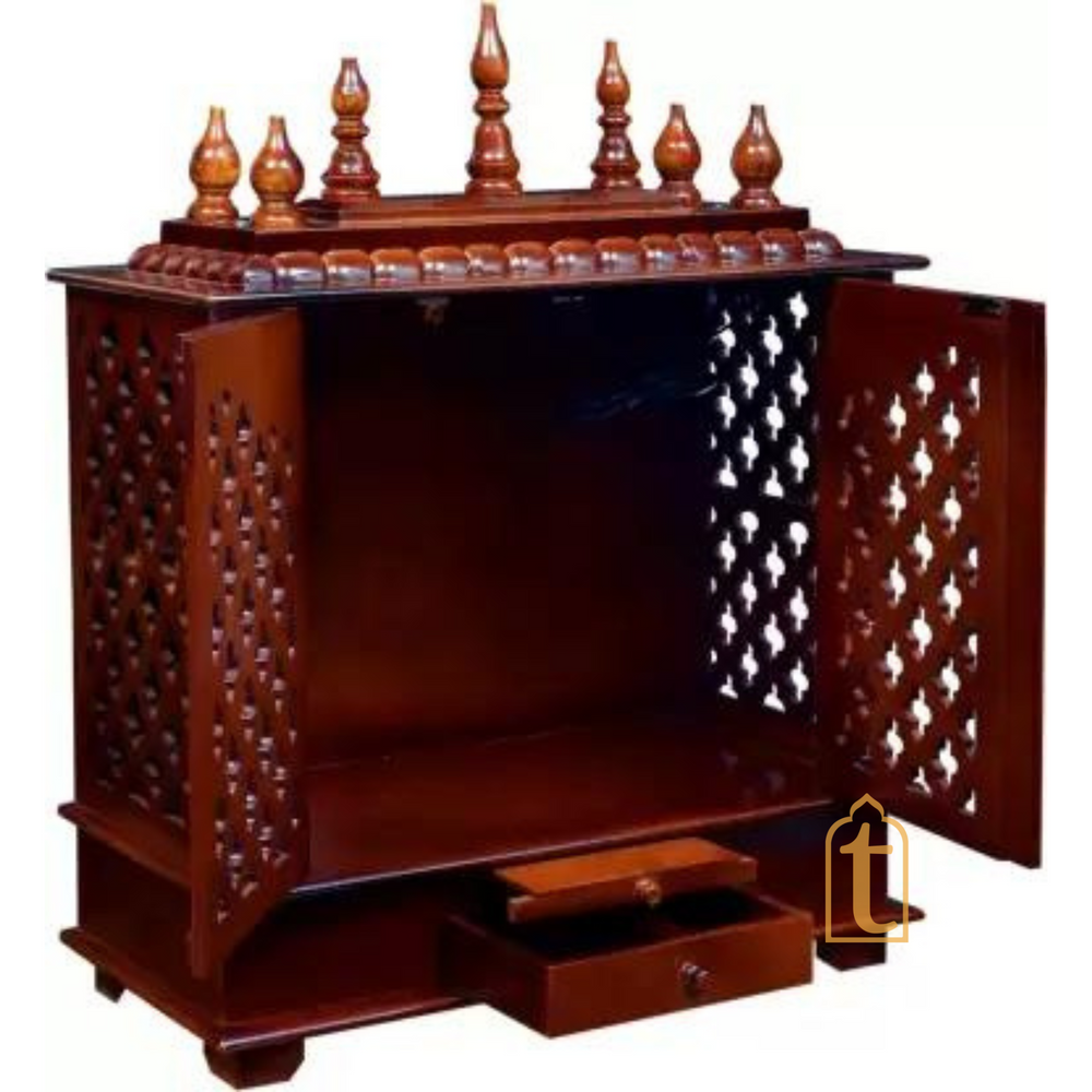Large Wooden Prayer Temple | Handmade Wall Mount Pooja Mandir with Door | Brown Home Pooja Ghar